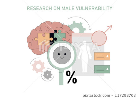 Male Vulnerability concept. Illustration representing psychological research on men's emotional health and challenges. Brain with puzzle pieces, smiling magnifier, and stats. Vector illustration. 117298708