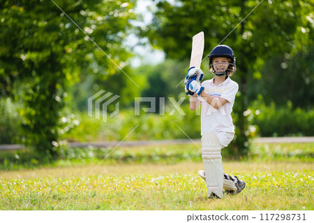 Kids playing cricket in summer park 117298731