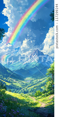 Rainbow in the blue sky and natural scenery Rainbow in the blue sky and natural scenery 117299144