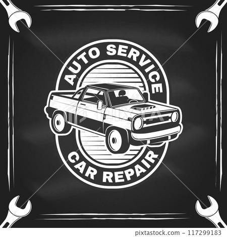 Auto service logo, emblems, badges, sticker on the chalkboard. Vector. Service car repair, restoration and car club design elements Auto service logo, emblems, badges, sticker on the chalkboard. Vector. Service car repair, restoration and car club design elements 117299183