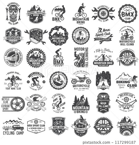 Set of Mountain biking, bmx, and motorcycle hill climb collection. Vector. Concept for head badges, shirt, print, stamp or biking tourism. Design with forest, mountain bike, motorcycle 117299187