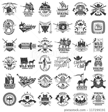 Set of cowboy, viking warrior and knight historical club logos, badges, stickers. Vector. Patch design heraldic shield with a knight, viking in helmet with crossed battle axe, sword and nordic ship 117299191