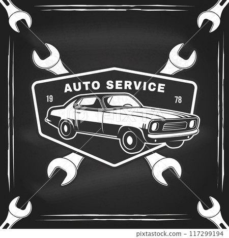 Auto service logo, emblems, badges, sticker on the chalkboard. Vector. Service car repair, restoration and car club design elements. 117299194
