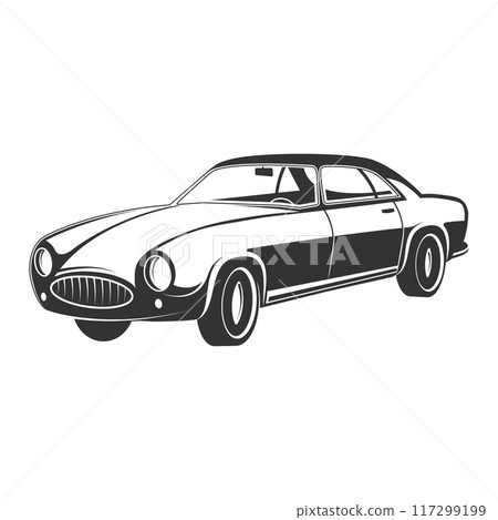 Classic vintage retro car design. Vector silhouette. Design element for logo, sign, emblem. American sports sedan. 117299199