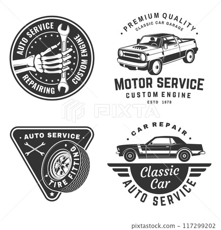 Set of auto service logo, emblems, badges and icons. Vector. Service car repair, restoration and car club design elements. 117299202