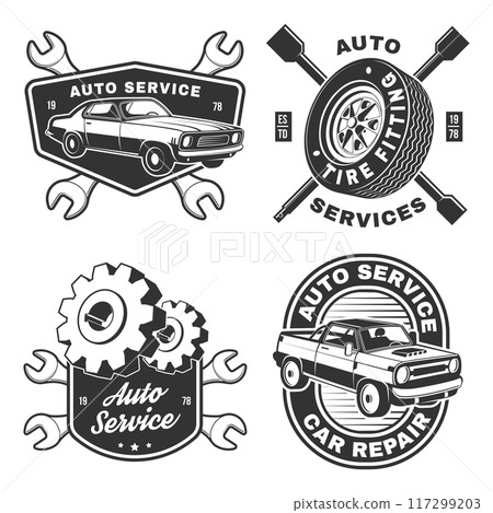 Set of auto service logo, emblems, badges and icons. Vector. Service car repair, restoration and car club design elements. 117299203