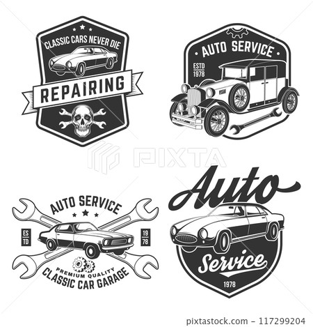 Set of auto service logo, emblems, badges and icons. Vector. Service car repair, restoration and car club design elements. 117299204
