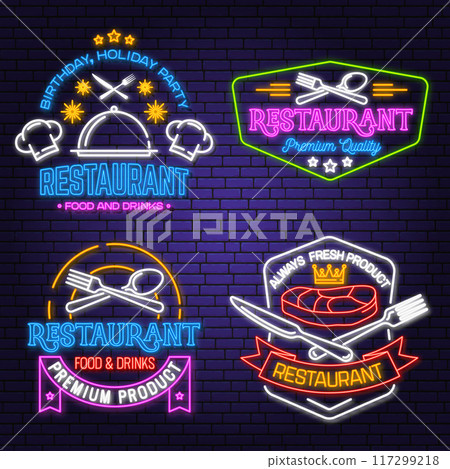 Set of Restaurant logo. Vector Illustration. Neon glowing sign with plate, steak, cloche with lid, fork and knife. Cooking, cuisine logo for menu restaurant or cafe. 117299218