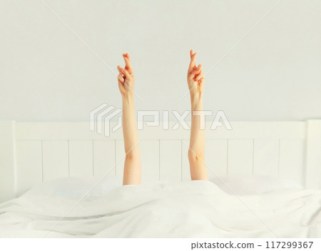 Lazy woman waking up after sleeping lying in bed showing gesture her hands up from under the blanket Lazy woman waking up after sleeping lying in bed showing gesture her hands up from under the blanket 117299367