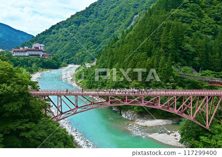 Shin-Yamabiko Bridge as seen from the Kurobe Gorge Railway trolley train Shin-Yamabiko Bridge as seen from the Kurobe Gorge Railway trolley train 117299400
