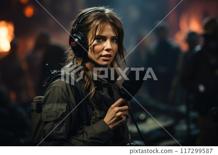 A journalist with a microphone, exploring stories, conducting interviews, and amplifying diverse perspectives through the power of audio storytelling in the dynamic world of media. 117299587