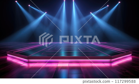 Electrifying stage: mesmerizing scenes LED panels, holographic displays, laser lights, ample copy space, dynamic banners, creating visual symphony for immersive events and cutting-edge presentations. Electrifying stage: mesmerizing scenes LED panels, holographic displays, laser lights, ample copy space, dynamic banners, creating visual symphony for immersive events and cutting-edge presentations. 117299588