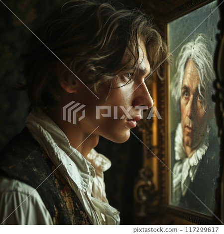 Young man standing next to his aging portrait: the mystique of the composition, where the painting conceals his old years, enabling him to endure in eternal youthfulness, Young man standing next to his aging portrait: the mystique of the composition, where the painting conceals his old years, enabling him to endure in eternal youthfulness, 117299617