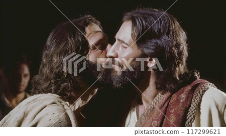 The kiss of judas: dramatic portrayal captures biblical betrayal, tension, and conflict as judas iscariot betrays jesus with a kiss, symbolizing spiritual depth and iconic christian symbolism The kiss of judas: dramatic portrayal captures biblical betrayal, tension, and conflict as judas iscariot betrays jesus with a kiss, symbolizing spiritual depth and iconic christian symbolism 117299621