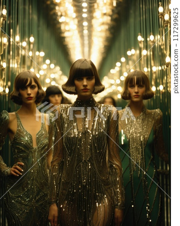 Flapper lifestyle, dress, and cultural evolution of the 1920s, 30s, and 40s: Embracing prohibition, jazz age elegance, and the daring spirit of an Era in Fashion, nightlife, and social transformation. 117299625
