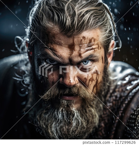 Viking warrior man, chronicles of viking warrior: saga of strength, valor, conquest in untamed north - a tale of fierce battles, epic journeys, and indomitable spirit of Norseman forging his destiny. 117299626