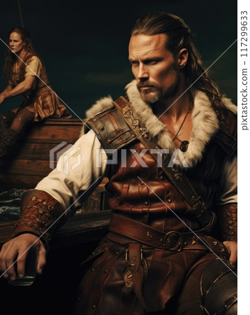 Viking warrior man, chronicles of viking warrior: saga of strength, valor, conquest in untamed north - a tale of fierce battles, epic journeys, and indomitable spirit of Norseman forging his destiny. 117299633