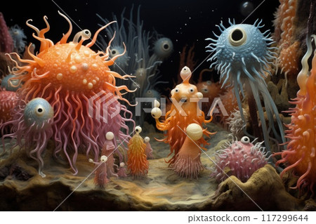 In the microscopic realm, a vibrant microbe dances, form intricate surreal. A symphony of colors shapes, it embodies unseen beauty of microbial world, a tiny marvel thriving in unseen corners of life. In the microscopic realm, a vibrant microbe dances, form intricate surreal. A symphony of colors shapes, it embodies unseen beauty of microbial world, a tiny marvel thriving in unseen corners of life. 117299644