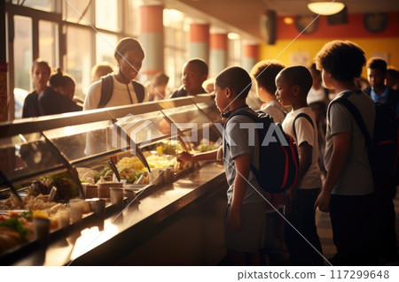 A schoolchild in the school cafeteria. Time of lunch break, peculiarities of the school meal, snack A schoolchild in the school cafeteria. Time of lunch break, peculiarities of the school meal, snack 117299648