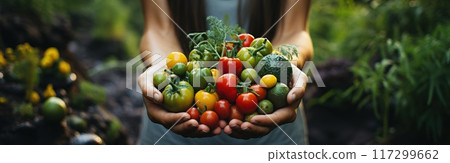 Nourishing greens: goodness of veggie food, fruit, and vegetables in a vibrant culinary symphony, a plant-powered feast for health and vitality, embracing the abundance of nature's bounty. 117299662