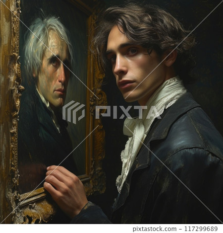 The enigmatic young man, poised beside his aging portrait, sparks a mystical tale of eternal charm and hidden enigma, painting concealing his aging years, wrapped in an enigmatic shroud of mystery. 117299689
