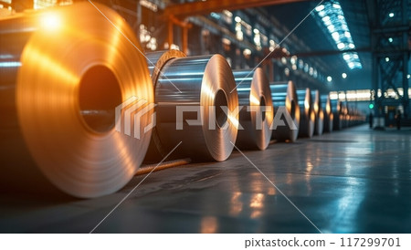Rolls of shiny industrial grade metal sit in a warehouse factory. The metal has a high sheen finish and is ready for processing. Rolls of shiny industrial grade metal sit in a warehouse factory. The metal has a high sheen finish and is ready for processing. 117299701