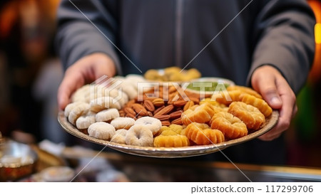 Hands holding a platter of assorted Moroccan sweets and pastries, showcasing the rich and diverse culinary traditions of Morocco. 117299706