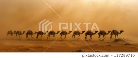 Journey through the desert: caravan of camels advancing steadily across barren landscape, evoking spirit of ancient trade, cultural exchange amidst unforgiving beauty of sand and sky. 117299710