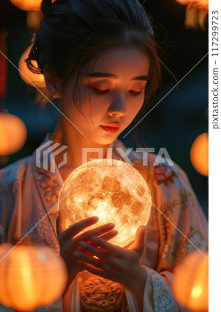 Enchanting celebration: mid-autumn festival, moon goddess Chang'e holding mooncakes against a moonlit sky, chinese lanterns, unity and abundance traditional festival honoring harvest, lunar deities. Enchanting celebration: mid-autumn festival, moon goddess Chang'e holding mooncakes against a moonlit sky, chinese lanterns, unity and abundance traditional festival honoring harvest, lunar deities. 117299723