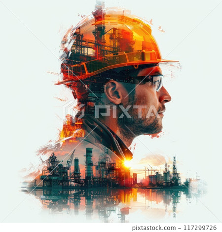Building progress: worker in a helmet on background of city construction site, double exposure concept for labour day, celebrating dedication and hard work that drives urban development. 117299726