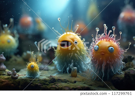 In the microscopic realm, a vibrant microbe dances, form intricate surreal. A symphony of colors shapes, it embodies unseen beauty of microbial world, a tiny marvel thriving in unseen corners of life. 117299761