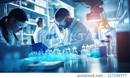 Team of scientists conducting research in a modern laboratory. They are wearing lab coats, safety glasses, and gloves while working with chemicals and equipment. 117299777