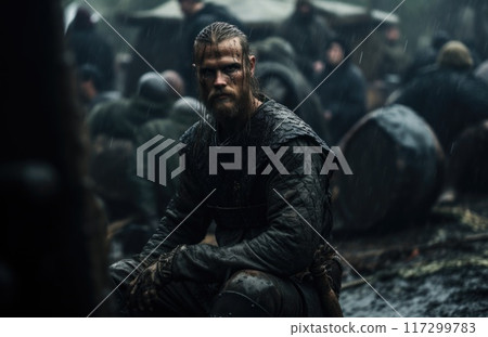 Viking warrior man, chronicles of viking warrior: saga of strength, valor, conquest in untamed north - a tale of fierce battles, epic journeys, and indomitable spirit of Norseman forging his destiny. 117299783