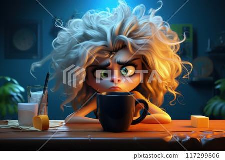 Whimsical morning: animated female character savoring a cup of coffee, blending charm and vibrancy of creative storytelling and lively expressions. 117299806