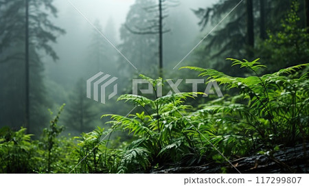 Lush green ferns thrive in the foreground of a misty, ethereal forest. Sunlight filters through the fog, illuminating the vibrant green foliage. Lush green ferns thrive in the foreground of a misty, ethereal forest. Sunlight filters through the fog, illuminating the vibrant green foliage. 117299807