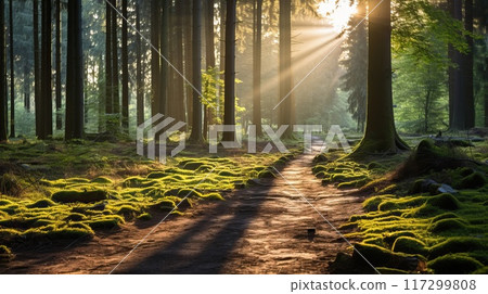 Sunbeams illuminating a magical path through a lush green forest. Moss covered ground, tall trees, and a sense of tranquility and wonder. 117299808