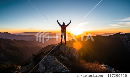 Silhouette of a hiker standing on a mountain peak with raised arms at sunrise. Silhouette of a hiker standing on a mountain peak with raised arms at sunrise. 117299826