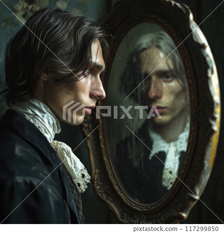 Young man standing next to his aging portrait: the mystique of the composition, where the painting conceals his old years, enabling him to endure in eternal youthfulness, Young man standing next to his aging portrait: the mystique of the composition, where the painting conceals his old years, enabling him to endure in eternal youthfulness, 117299850