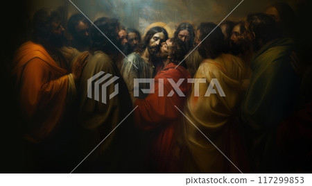 Betrayal The Kiss of Judas by Jesus Christ. 12 apostles Betrayal The Kiss of Judas by Jesus Christ. 12 apostles 117299853