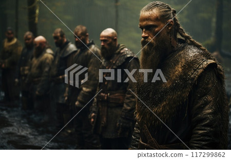 Viking warrior man, chronicles of viking warrior: saga of strength, valor, conquest in untamed north - a tale of fierce battles, epic journeys, and indomitable spirit of Norseman forging his destiny. 117299862
