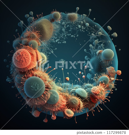 In the microscopic realm, a vibrant microbe dances, form intricate surreal. A symphony of colors shapes, it embodies unseen beauty of microbial world, a tiny marvel thriving in unseen corners of life. 117299878
