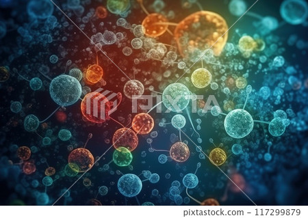 In the microscopic realm, a vibrant microbe dances, form intricate surreal. A symphony of colors shapes, it embodies unseen beauty of microbial world, a tiny marvel thriving in unseen corners of life. 117299879