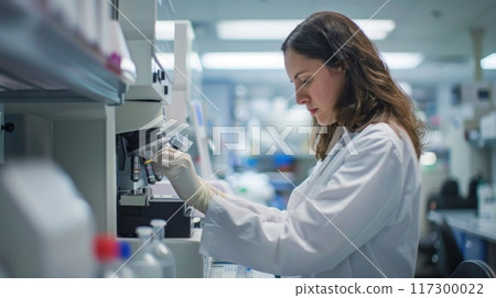 Dedicated lab technician meticulously working in laboratory, demonstrating precision, expertise in handling scientific experiments, importance of accuracy and careful analysis in lab work. Dedicated lab technician meticulously working in laboratory, demonstrating precision, expertise in handling scientific experiments, importance of accuracy and careful analysis in lab work. 117300022