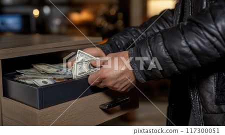 Thief in disguise: masked burglar committing theft, breaking into flat, stealing personal property, criminality, offence of violating someone's home, belongings, emphasizing security concerns. 117300051