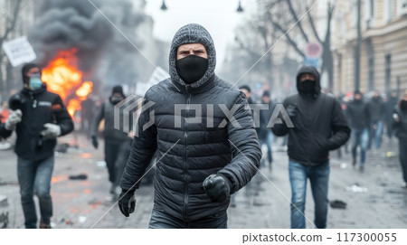 Urban chaos: riots with protesters clashing in city streets amid fire and smoke, depicting scene of emergency, violence, with police controlling situation during a major upheaval. 117300055