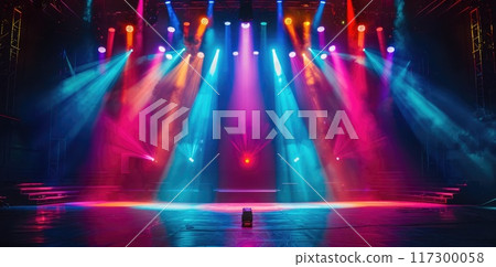 Vibrant stage: empty concert arena with colorful lights and smoke, scene for upcoming live performance, dynamic spotlights, atmospheric effects, energetic and captivating backdrop. 117300058