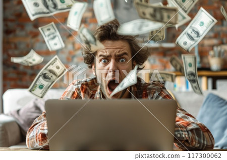 Unexpected windfall: a shocked young person reacts to the arrival of money, the concept of luck, winning, and the overwhelming joy of unexpected financial fortune and happiness. 117300062