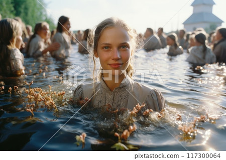 Sacred transformation - baptism of Russia, pivotal moment of spiritual rebirth, conversion to christianity, symbolizing profound cultural, religious shift in Russian history Sacred transformation - baptism of Russia, pivotal moment of spiritual rebirth, conversion to christianity, symbolizing profound cultural, religious shift in Russian history 117300064