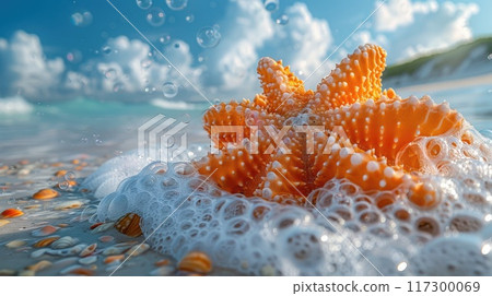 Coastal treasures - seashells and starfish and colored corals on the beach with sea foam, background, wallpaper, banner design, ideal for posters, cards, flyers, greetings with ample copy space. Coastal treasures - seashells and starfish and colored corals on the beach with sea foam, background, wallpaper, banner design, ideal for posters, cards, flyers, greetings with ample copy space. 117300069