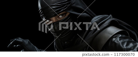 Mysterious figure - portrait ninja depicting shadowy and elusive warrior, capturing essence of stealth and agility, highlighting enigmatic presence and silent strength of master of covert operations. 117300070